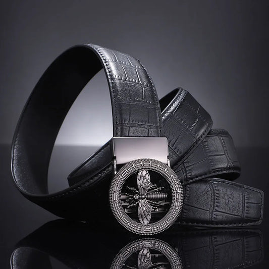 High-End Men's Casual Leather Belt; Small Bee Automatic Buckle Belt; Business Versatile Bamboo Texture Belt.