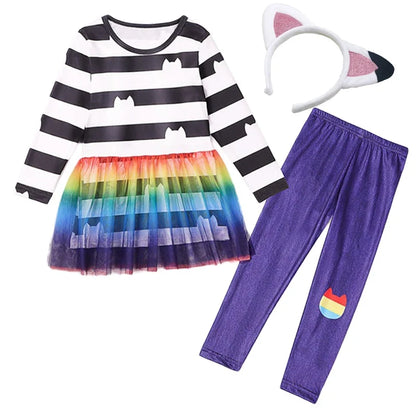 Carnival Party Children Black And White Stripe T-Shirt+Skirt+Bag Sets Kids Cartoon Cats Cosplay Costume Party Outfits 4-8Y