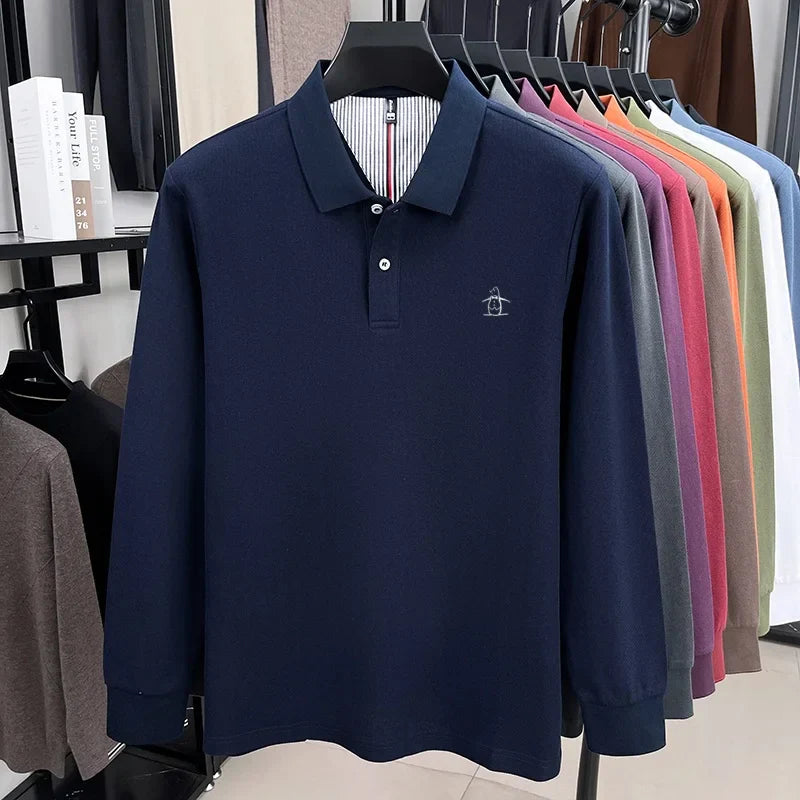 100% High-quality Cotton Latest Men's Polo Long Sleeve Autumn Spring Warm Fashionable Business Casual Cozy Delicate Embossed Top
