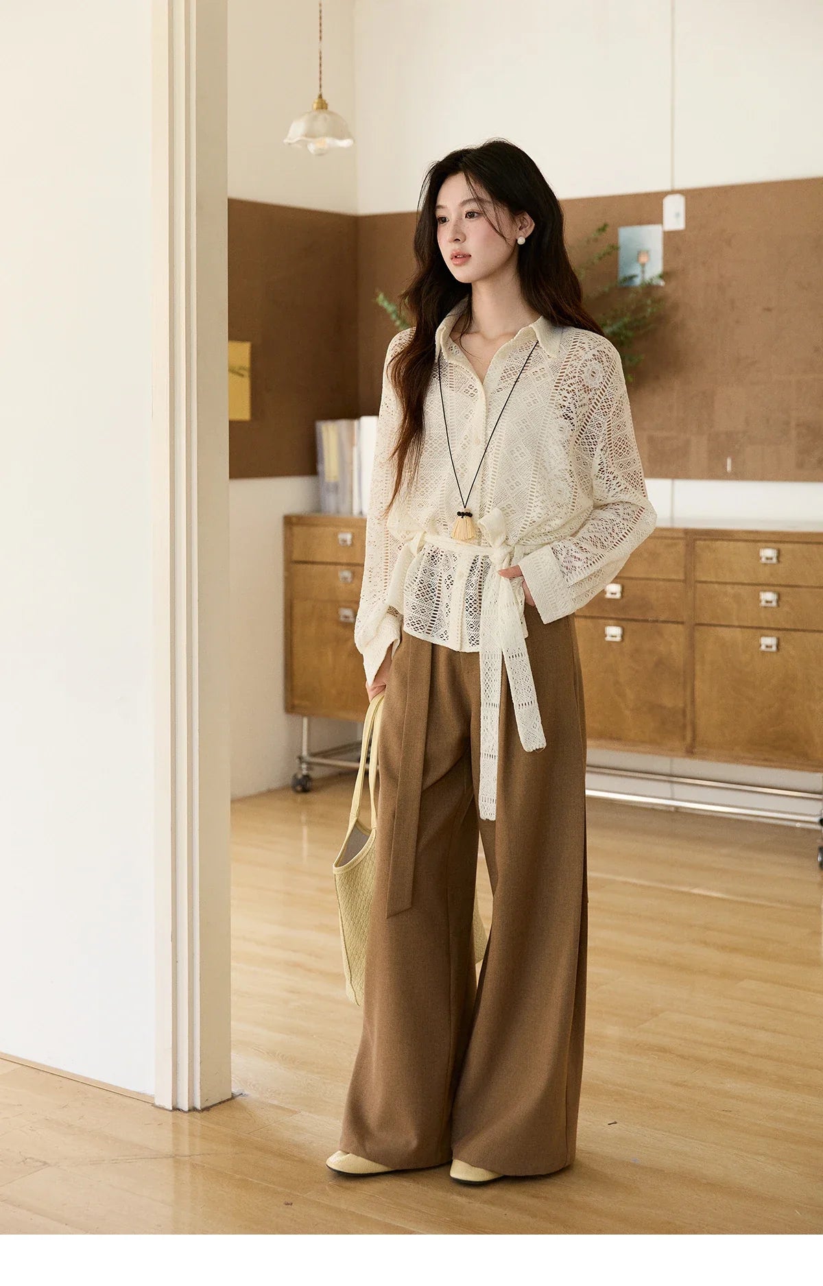 Women's Hollow-out Lace Shirt Camisole Set 2026 Spring Lapel Drawstring Waist Sheer Casual Two-Piece Knitwear MXF108C0816