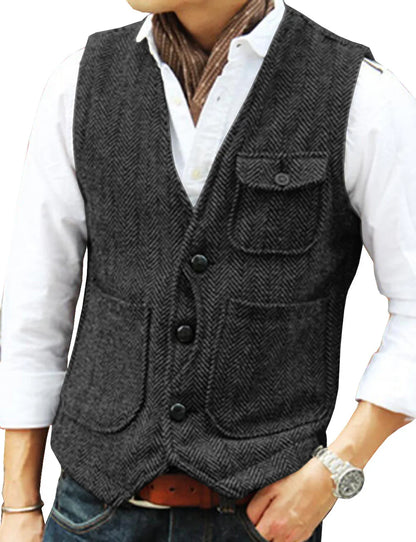Men's Single Breasted Herringbone Suit Vest Casual Business Dinner Party Dress Mail Waistcoat Top Coat Wedding Groomsman's Dress