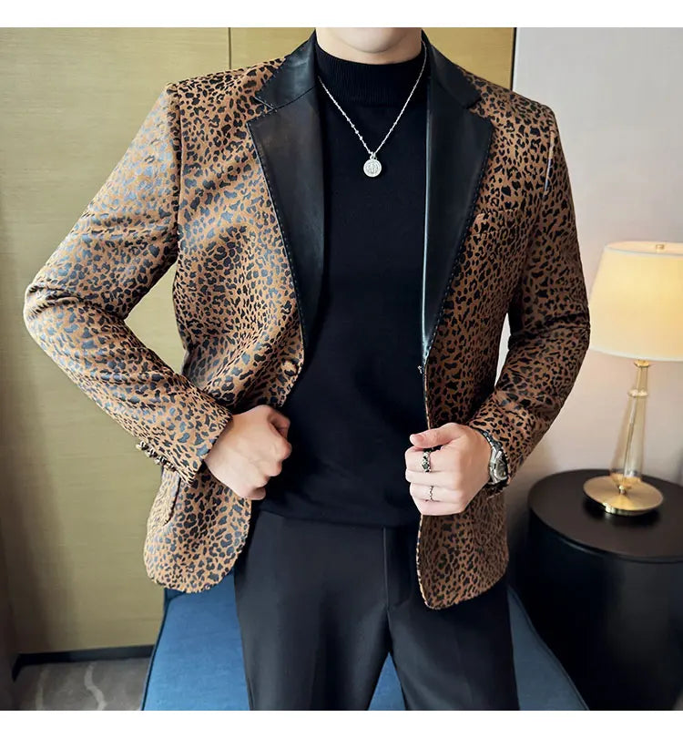 Splicing Leather Neck Casual Suit Jacket Fashion Leopard Men's Business Slim Fit Social Formal Blazers Wedding Groom Tuxedos