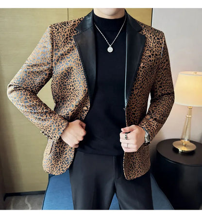 Splicing Leather Neck Casual Suit Jacket Fashion Leopard Men's Business Slim Fit Social Formal Blazers Wedding Groom Tuxedos