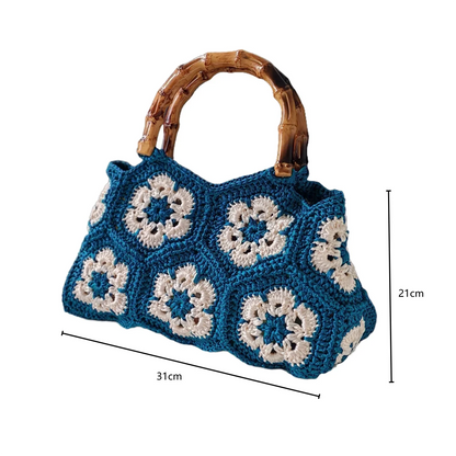 Handmade Crochet Granny Square Tote Bag with Bamboo-Style Handle, Vintage Woven Flower Pattern Shoulder Purse for Women