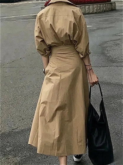 Modigirl Women Casual Long Shirts Dresses 2025 Summer Spring Clothes Khaki Puff Sleeves Botton Simple Maxi Dresses for Women