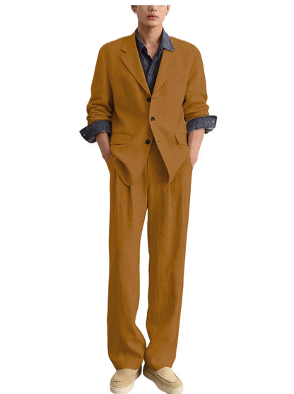 Men's Linen 2 Piece Set Notched Lapel Loose Fit Blazer Wide Leg Trousers Lightweight Breathable Spring Business Casual DailyWear