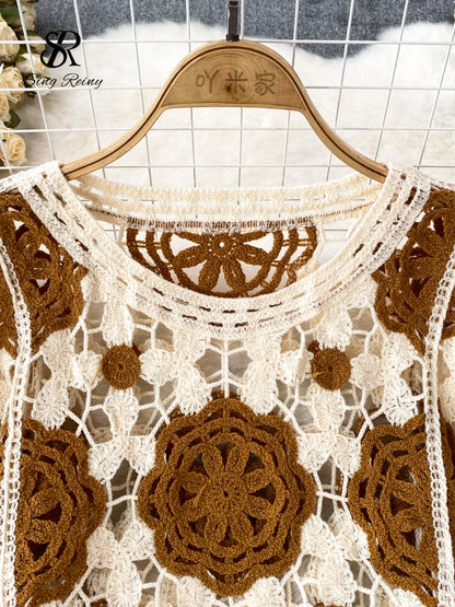 Hook Flower Hollow Out Tops Women Long Lantern Sleeves Tassels Vintage Bohemian Loose Beachwear Hotsweet Knit Blouse