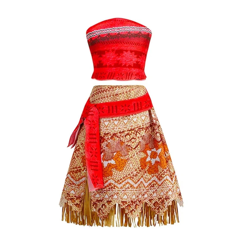 Girls Moana Princess Dress for Kids Carnival Cosplay Vaiana Costume Children Birthday Party Headwear Necklace Flower Clothes Set