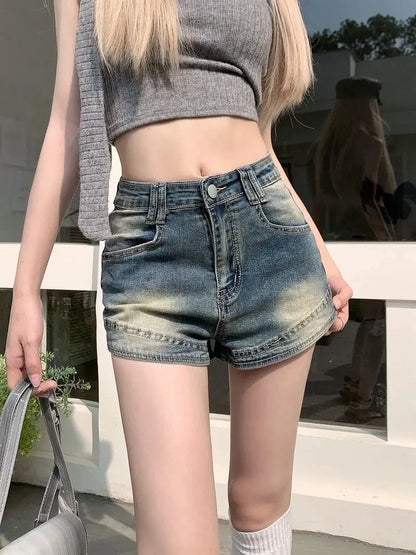 Retro Washed Denim Shorts for Women High Waist Slimming Hot Pants Mini Skirt Y2K Style Summer Fashion Small Stature Sexy Look