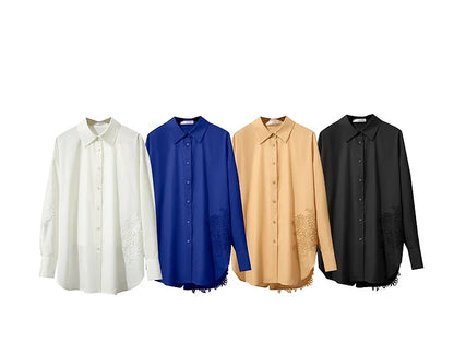 2025 New Arrival Autumn Offce Lady Shirt Turn-down Collar Drop Sleeves Loose Blouse Lace Splicing Women Clothing 12553077