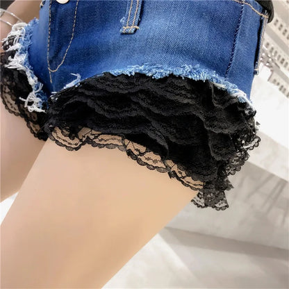 Y2k Shorts Women Nightclub Denim Shorts Lace Low Waist Sexy Hot Pants Female Super Shorts Pink