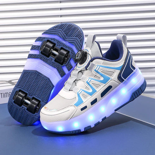 Boys Girls Roller Shoes Pink Blue Four Wheels Luminous Glowing Kids Outdoor Sport Casual Shoes USB Children Led Sneakers Shoes