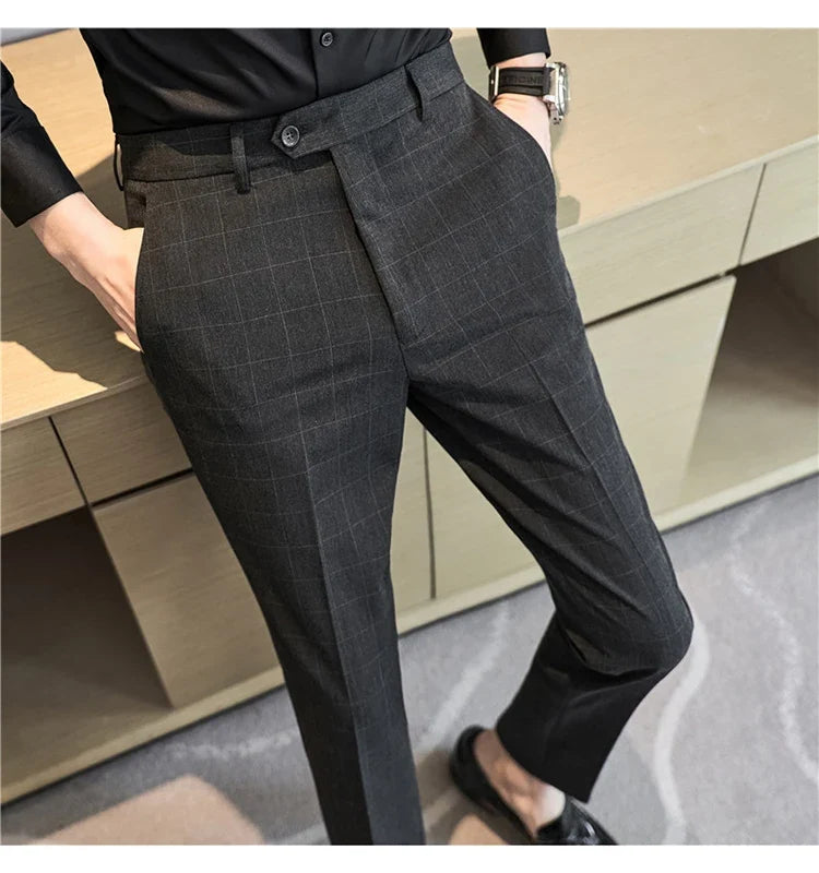 2026 High Quality Men's Plaid Striped Suit Pants Fashion Business Slim Fit Casual Straight Pants Formal Wedding Party Trousers