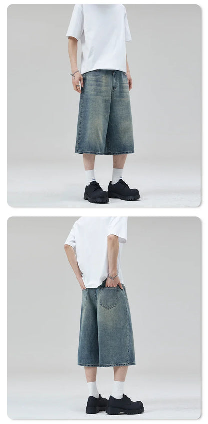 Summer New Fashion Denim Shorts Loose Straight Casual Vintage American Personality Jeans Streetwear Male Short Pants
