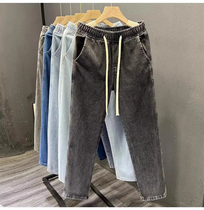 Men's Casual Loose Straight Leg Jeans Thin Wear Resistant Spring Autumn Vintage Workwear Durable Cotton Denim Trousers
