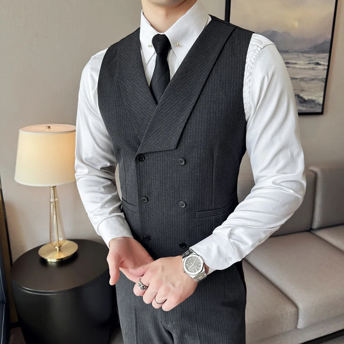 ( Vest + Pants) Double Breasted Stripe Suit Vest With Pants New Men Fashion Slim Business Casual Wedding Dress Vest 2 Pcs Sets