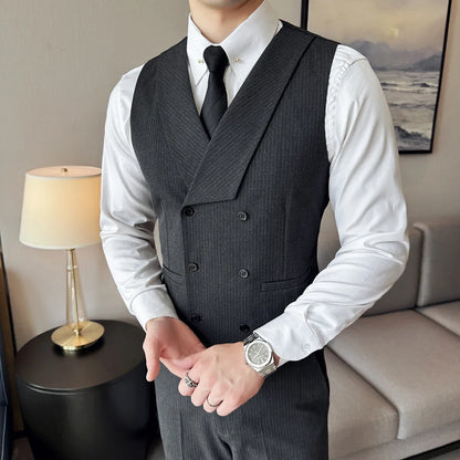 ( Vest + Pants) Double Breasted Stripe Suit Vest With Pants New Men Fashion Slim Business Casual Wedding Dress Vest 2 Pcs Sets
