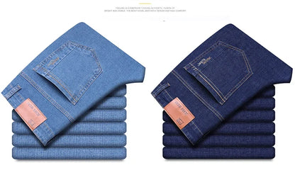 2025 New Light Blue Men's Comfort Soft Jeans Fashion Straight Business Pants Cotton Soft Casual Stretch Denim Trousers 28-40