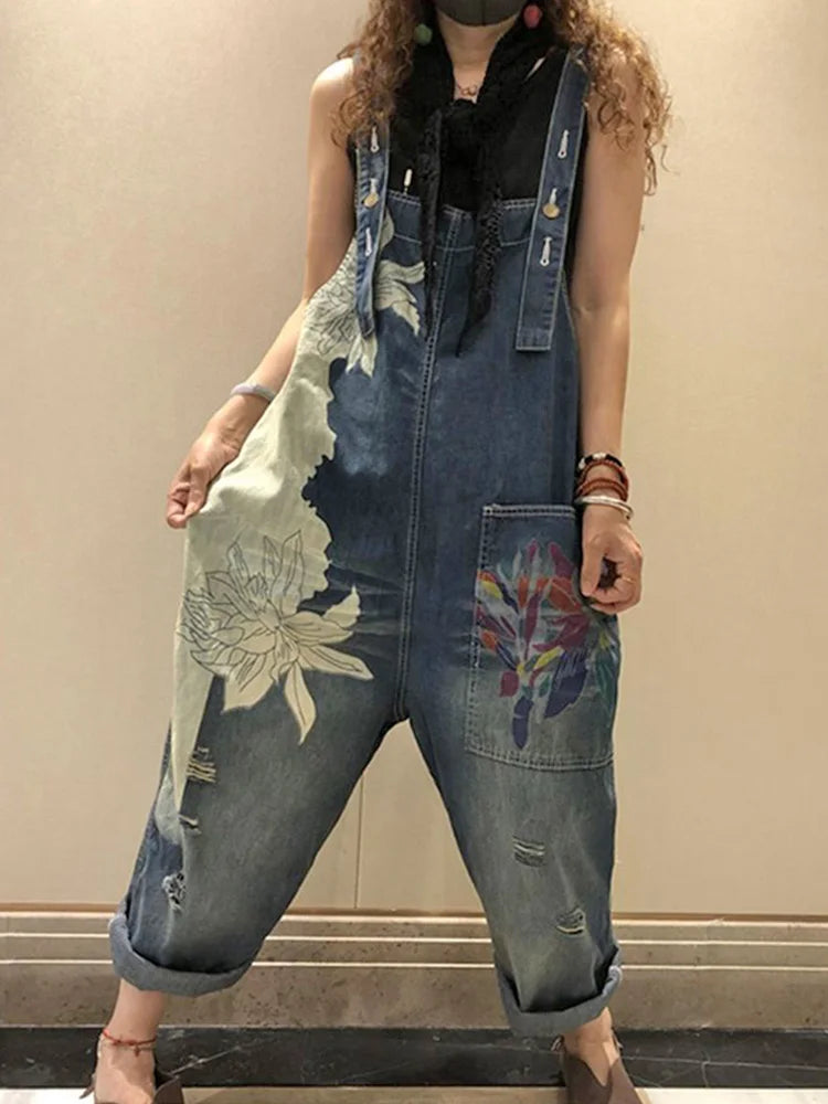 2025 Females Fashion Overalls Ladies Summer Printed Denim Pantalons Vintage Casual Jeans Womens Loose Vintage Trousers
