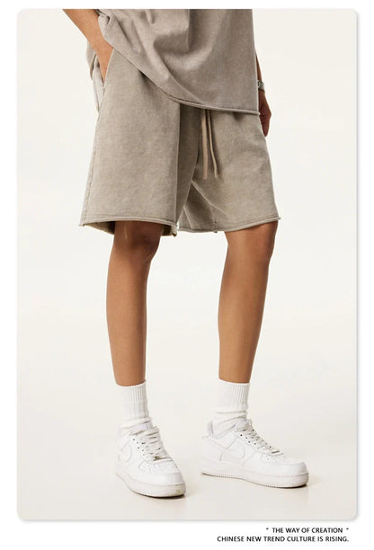 New 2025 Men Summer Loose Edge Washed Cotton Shorts Unisex Retro High Street Distressed 330gsm Shorts Brand Clothes HY1056