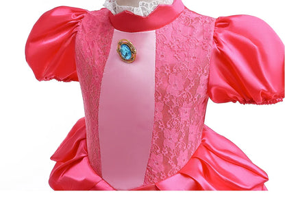 New 2026 Movie Inspired Lolita Princess Dress Super Plumber Bros's Friend Peach Costume Girls Pink Lace Frock Role Play Apparel