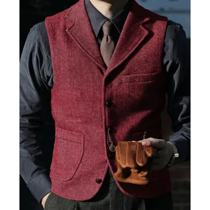 Men Vest Brown Herringbone With Lapel Single Breasted Waistcoat For Wedding Party Business Prom Work Daily Casual Men Suit Vest