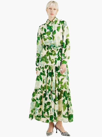 Women's Dress 2025 Spring New Long Sleeve Collar Green Flower Vacation
