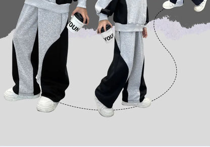 Spring Boys Black x Grey Contrast Pullover Sweatshirt+Sweatpant Work Set School Kid 2PCS Tracksuit Children Jogger Outfit 5-16Yr