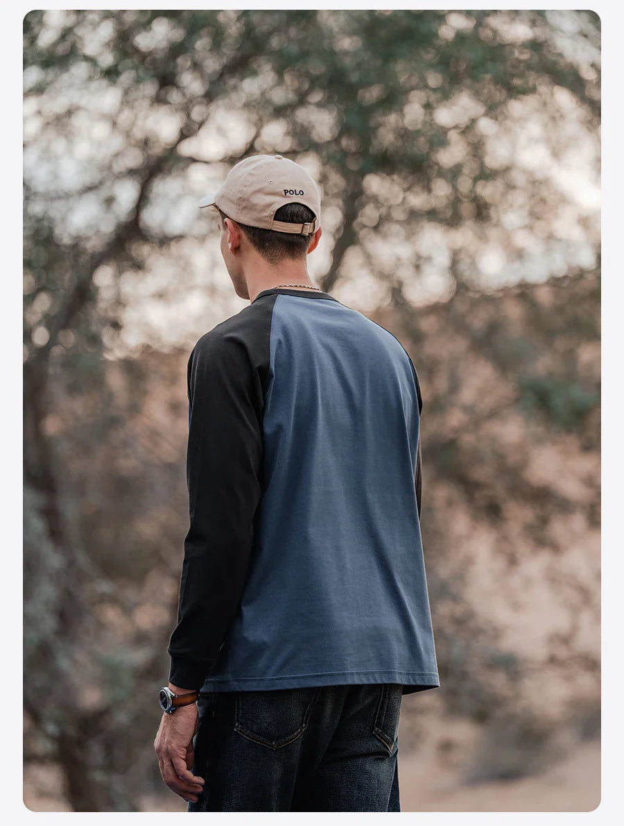 2026 Spring New 240g/sm Sorona Fabric Long Raglan Sleeve T-shirts Men Contrast Colors Tops