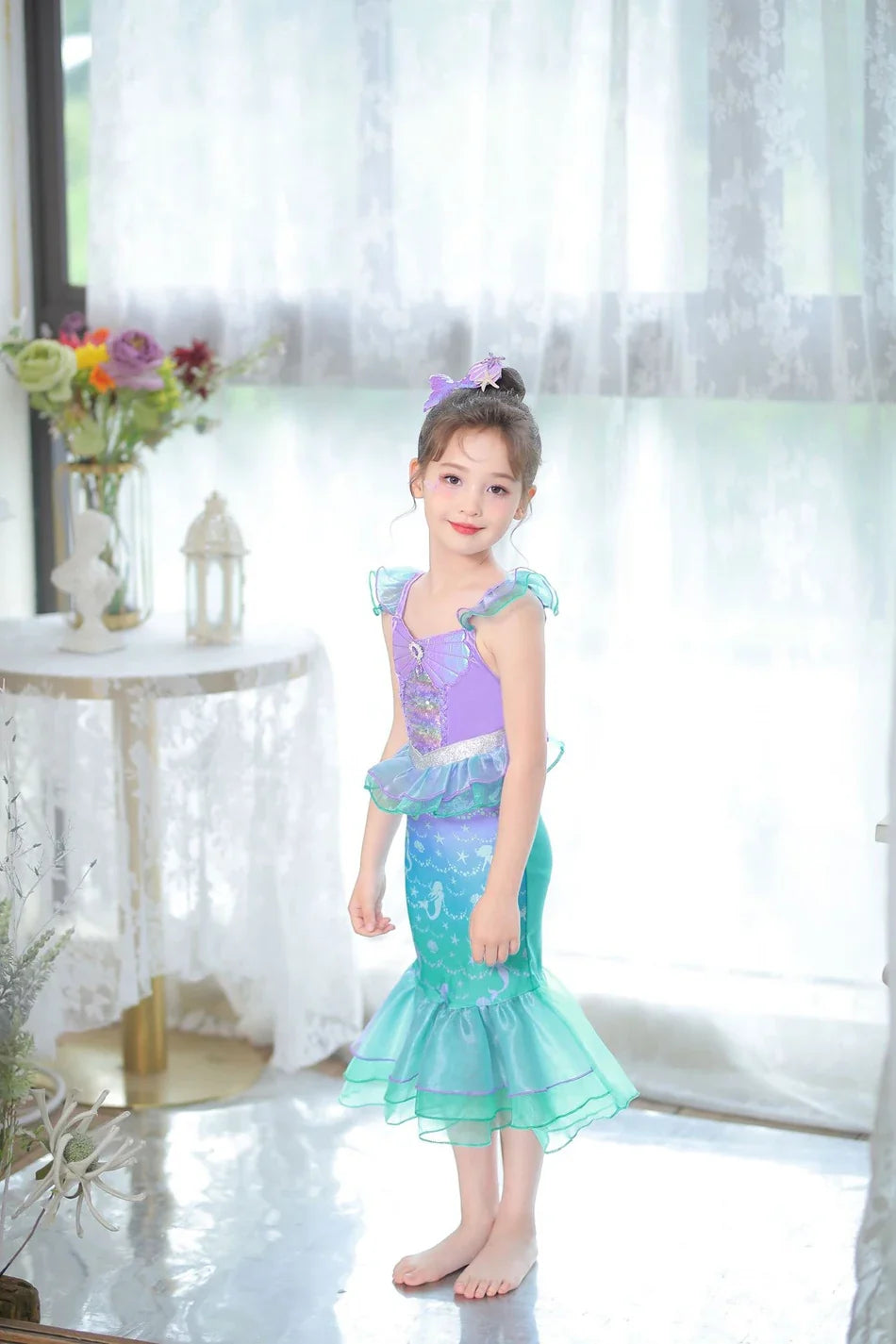 Halloween Costume Mermaid Dress Girl Ruffles Shell Fishtail Frocks Ariel Fantasy Luxury Princess Gown Children Fancy Fairy Dress