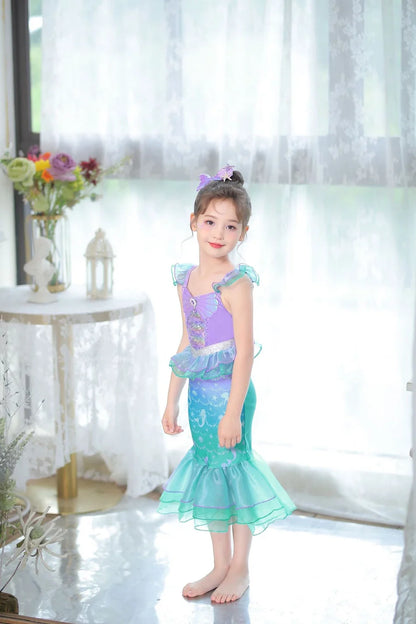 Halloween Costume Mermaid Dress Girl Ruffles Shell Fishtail Frocks Ariel Fantasy Luxury Princess Gown Children Fancy Fairy Dress