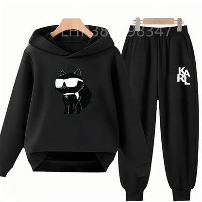White Cat Black Cat Children's Hoodies Top+Bottom Suit Girls Pink Boy Black Age 3-12 Coat Casual Toddler Long Sleeves Clothing