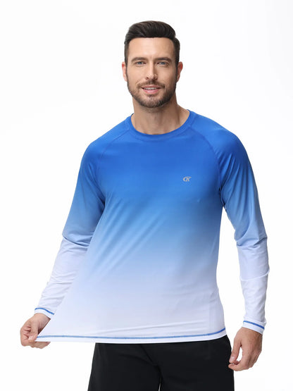 Summer Men's UPF 50+ Beach Swimming T-Shirt, Quick Dry Long Sleeve Fashion Gradient Rash Guard Tops for Sport Fishing Hiking
