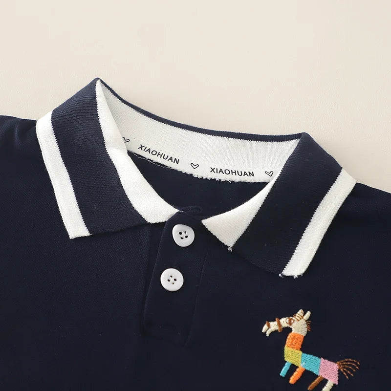 0-5 Years Old Kids Boys 2Pcs Polo Shirt Set Short Sleeve Navy Blue Horse Embroidery Top and White Shorts Summer Casual Wear