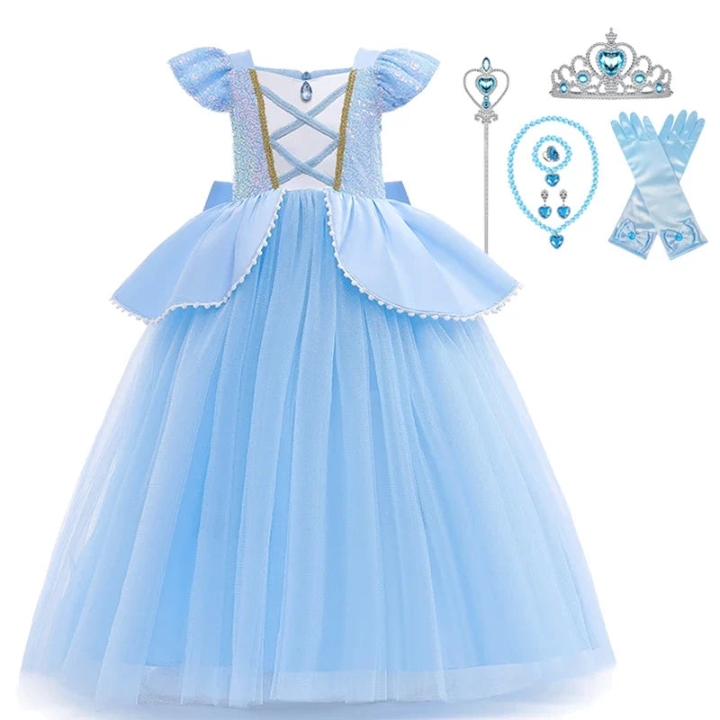 Cinderella Cosplay Costume Kids Clothes for Girls Sequins Princess Dress with Crown Gloves Birthday Party Ball Gown 2-10 Years