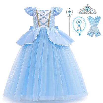 Cinderella Cosplay Costume Kids Clothes for Girls Sequins Princess Dress with Crown Gloves Birthday Party Ball Gown 2-10 Years