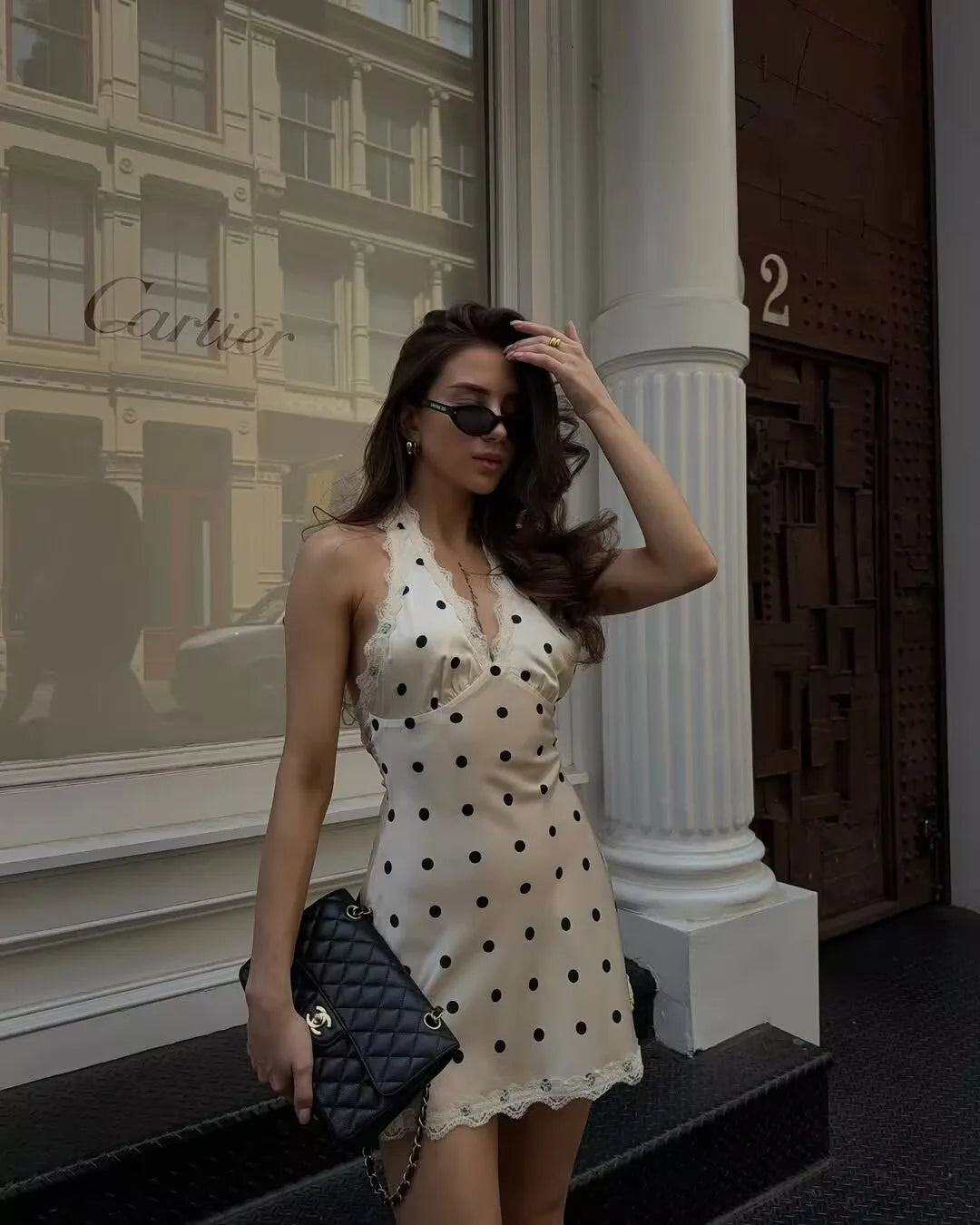 Lace Spliced Polka Dot Halter Dress Women Elegant A-line Mini Sexy Backless Dresses Summer Robe 2025