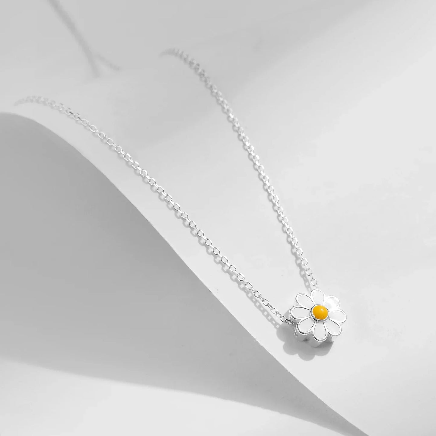 925 Sterling Silver White Enamel Flower Pendant Necklace Charm Daisy Neck Link Chain For Women Hypoallergenic Jewelry