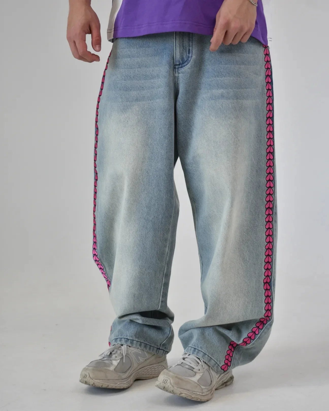 D4C JoJo  Y2K Men High Waist Baggy Jeans Women Pink Heart Side Embroidery Loose Fit Washed Denim Pants Streetwear Wide Leg Pants