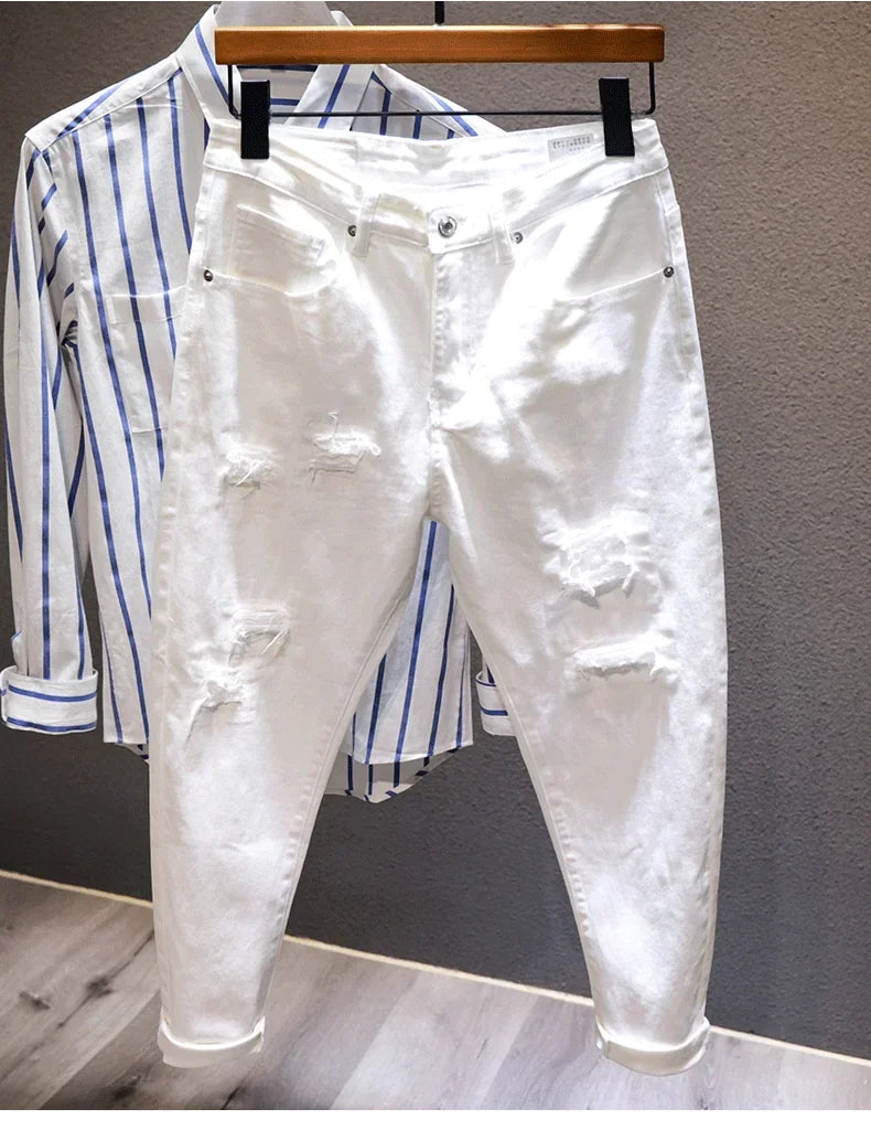 New Ripped Hole Jeans Men White Fashion Harem Male Pants  All-match Stretch Comfortable Streetwear Denim Trousers