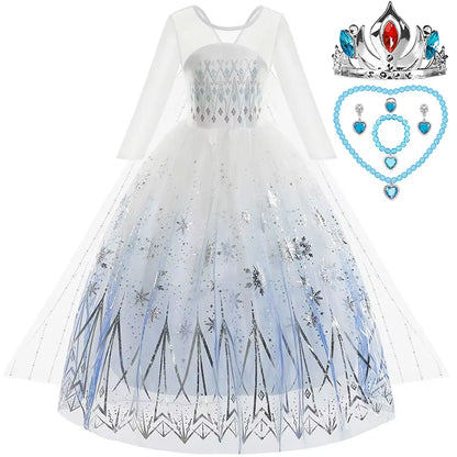 Elsa Princess Dress For Girl White Printed Long-Sleeved Lace Dress Festive Party Gift Set Frozen Dress Fire Spirit Olaf
