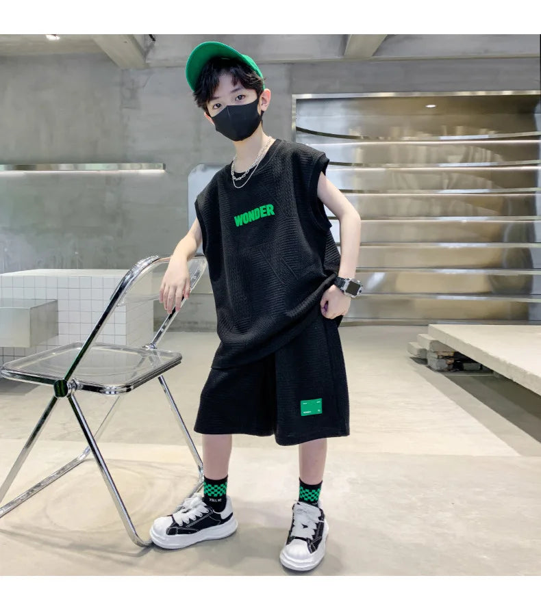 Summer Boys Waffle Alphabet Sleeveless t-Shirt Tops+Short Pants Set School Kids Tracksuit Child 2PCS Outfit Jogger Suit 5-16 Yrs