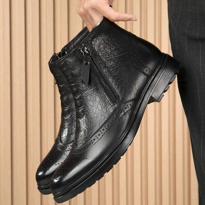 2025 Men Winter Plush Snow Boots Genuine Leather Men Side Zipper Ankle Boots Fashion Men Casual Low Top Shoes All-match Men Shoe