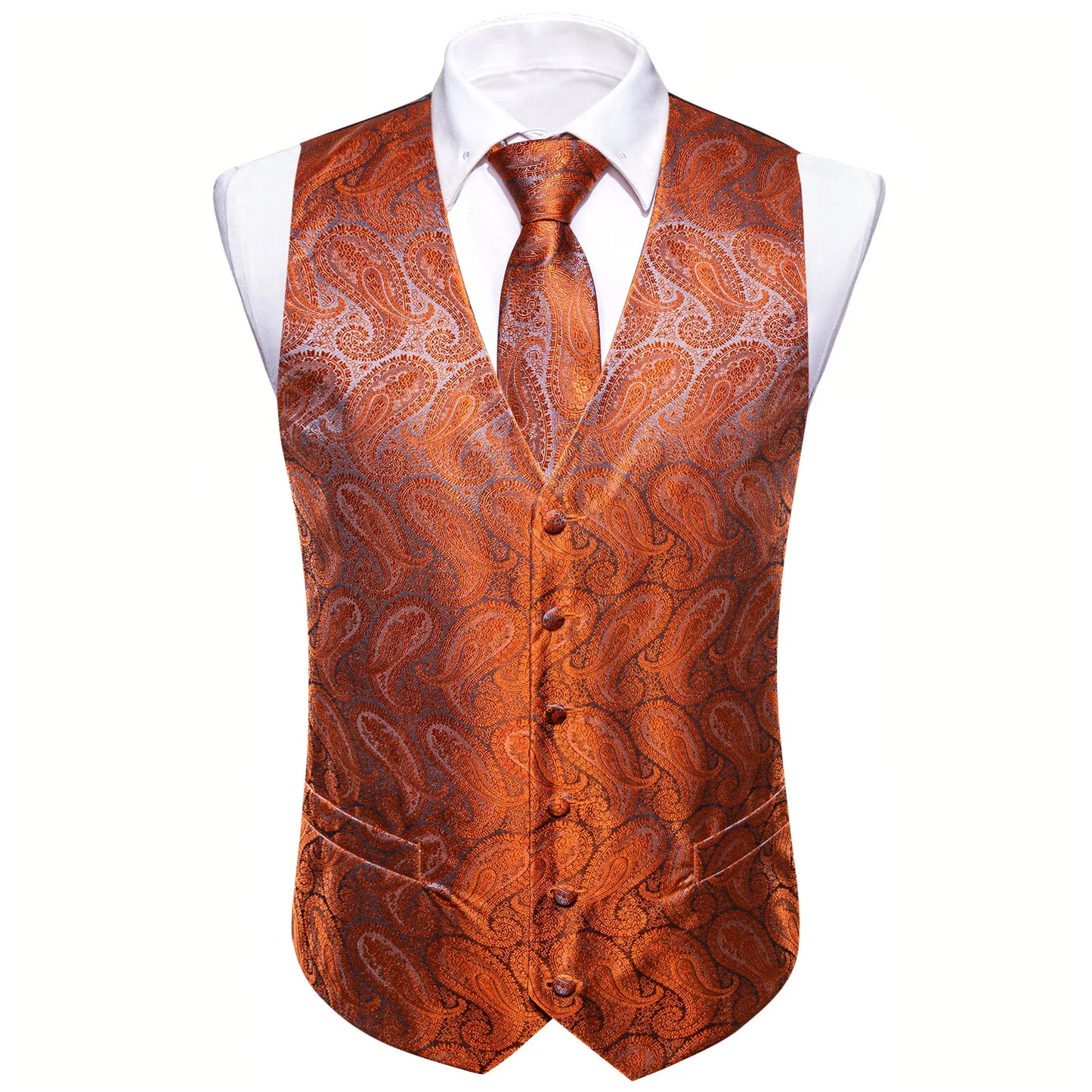 Men's Fashion Orange Paisley V-Collar Vest Waistcoat With Hankerchief Cufflinks Fit Wedding Party Gift Daily Banquent