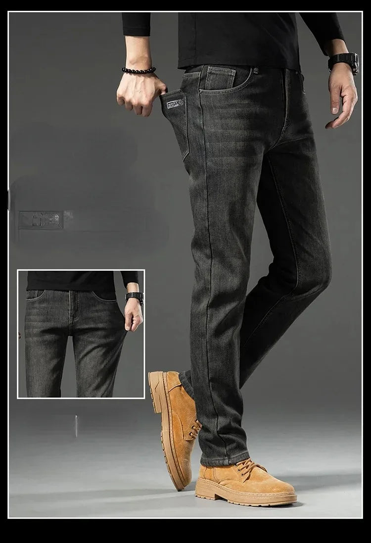 High Quality Winter Jeans New Casual Straight Tube with Fleece Thickening Loose Outside Warm Long Pants Streetwear Men