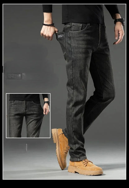 High Quality Winter Jeans New Casual Straight Tube with Fleece Thickening Loose Outside Warm Long Pants Streetwear Men
