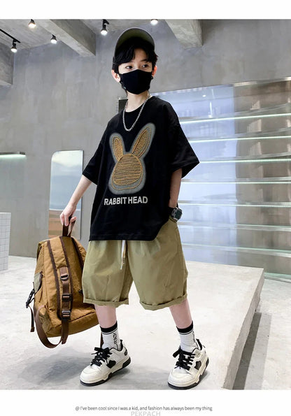 Cartoon Rabbit Boys Summer Clothing Two Piece Set Outfits Short Sleeved T-shirt Shorts Tracksuits Kids Children Casual Costumes