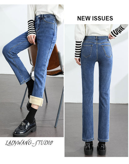Women's Winter Fleece Warm Jeans Retro Slim Straight Elastic Cotton Thickened Warm Denim Pants Fashion Female Clothing