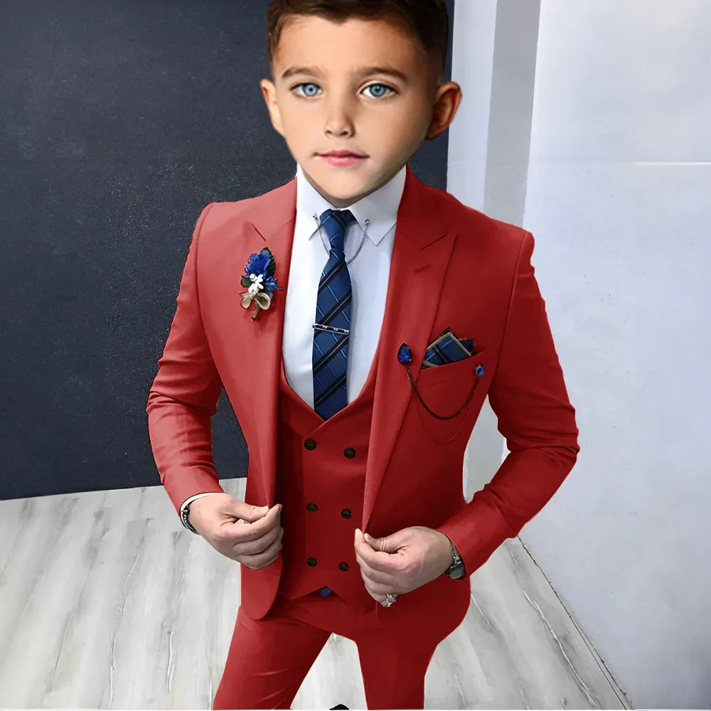 Formal Peak Lapel Suit Set 3 Pieces For Kids Perfirmance Outfit Host Costumes,Handsome Elegant Boys Slim Fit Suits Party Tuxedo