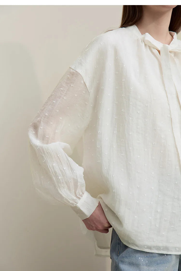 Women's Shirt 2026 Autumn New Polka Dot Chiffon Shirt Multi-Way Ribbon Women's Oversized Drop Shoulder Casual Tops 12641098